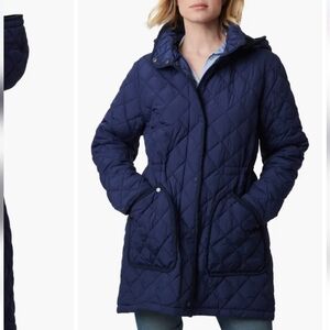 Bernardo Women's Navy Hooded Cinch Waist Quilted Coat